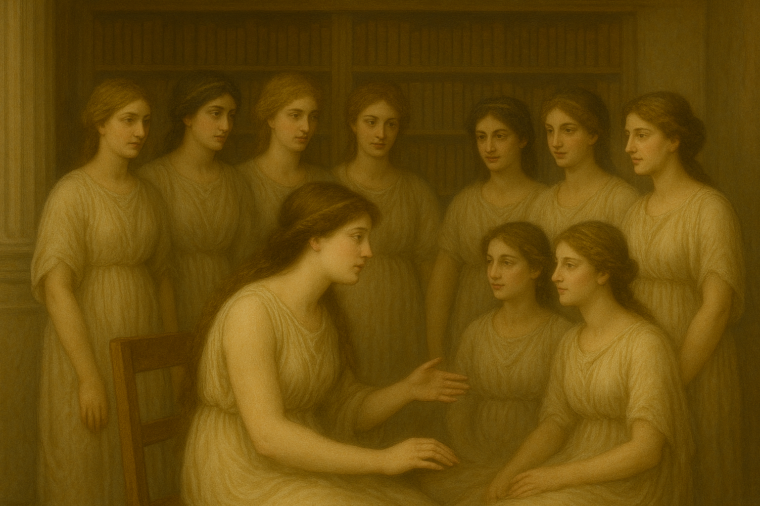 Mnemosyne talking to the 9 muses